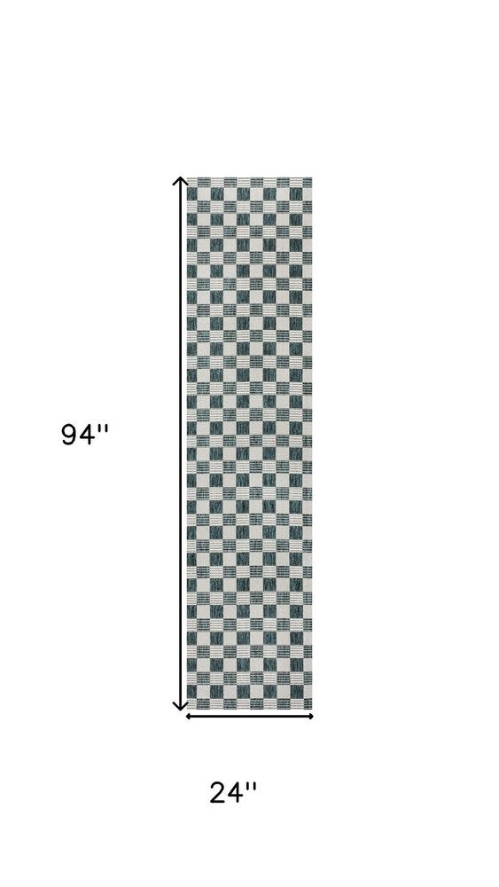 8' Turquoise And Cream Geometric Indoor Outdoor Runner Rug HomeRoots