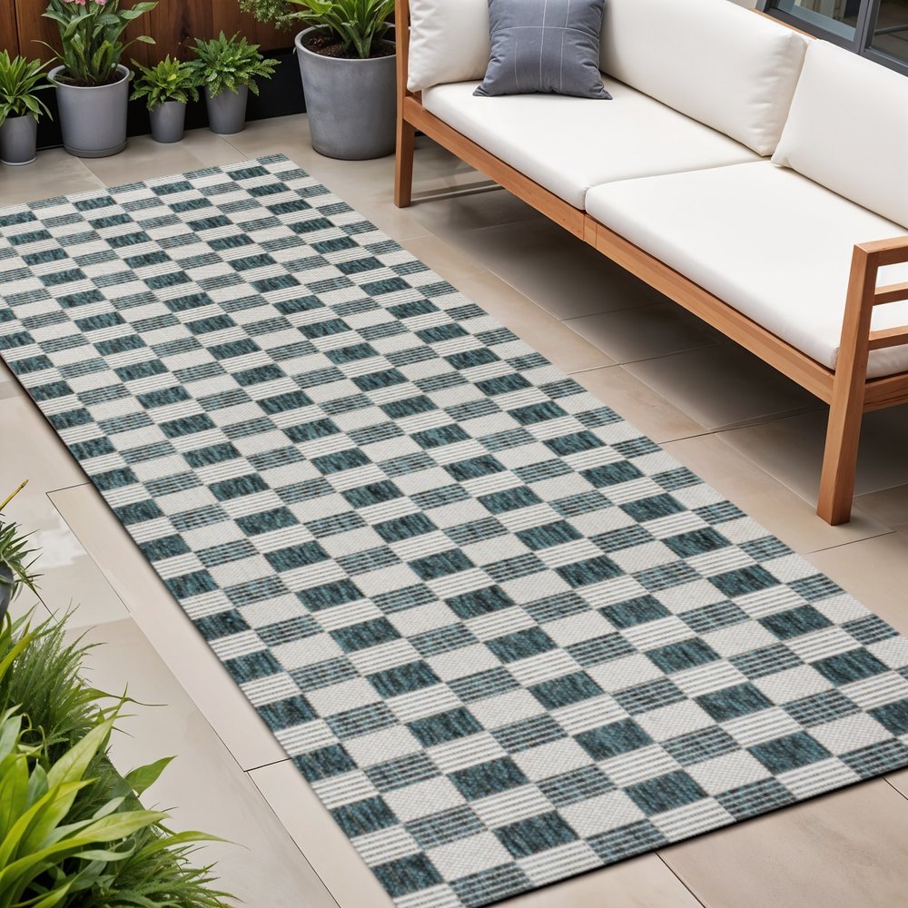 8' Turquoise And Cream Geometric Indoor Outdoor Runner Rug — view 6