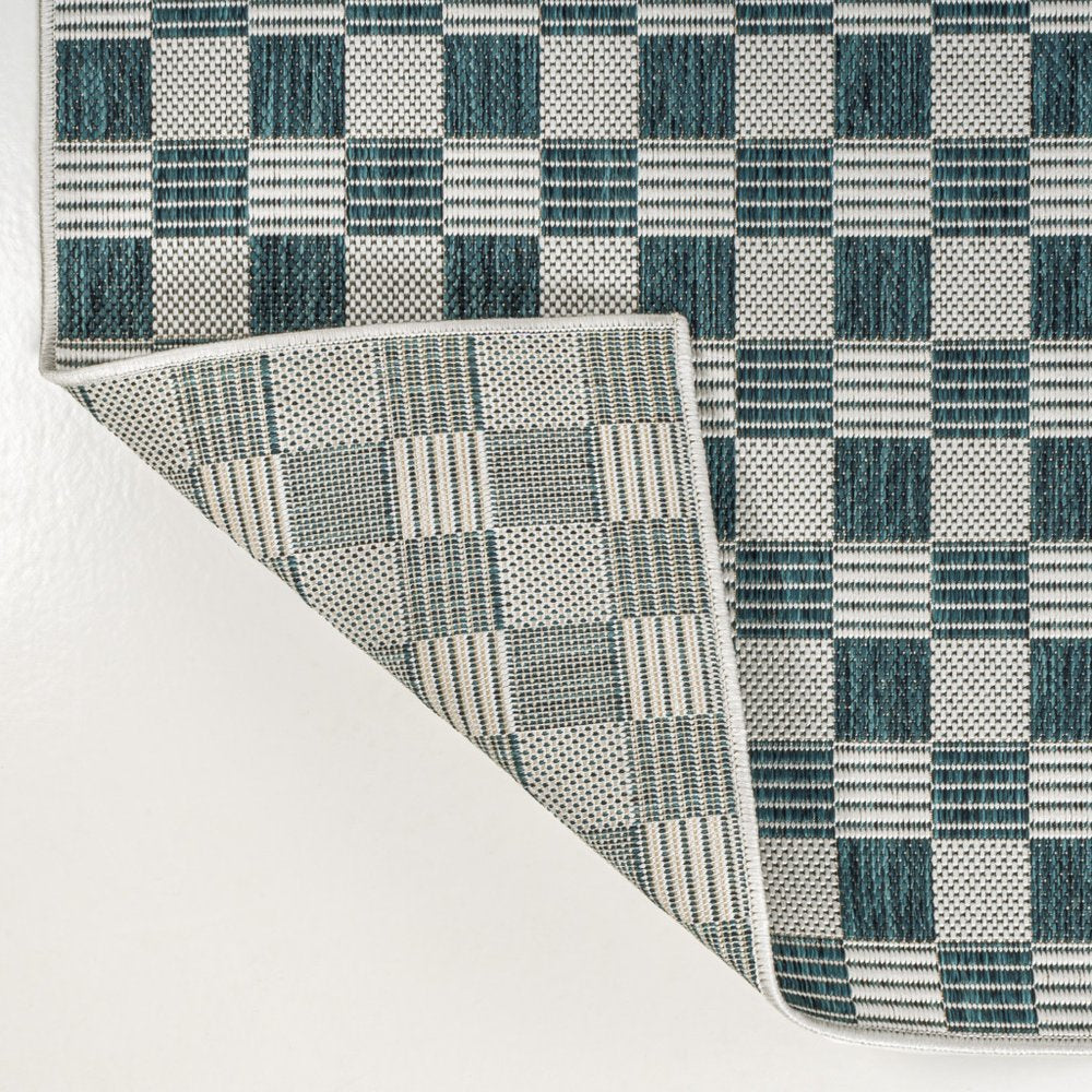 8' Turquoise And Cream Geometric Indoor Outdoor Runner Rug HomeRoots