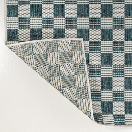 8' Turquoise And Cream Geometric Indoor Outdoor Runner Rug