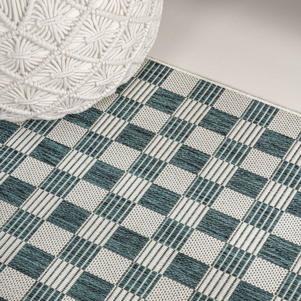 8' Turquoise And Cream Geometric Indoor Outdoor Runner Rug HomeRoots