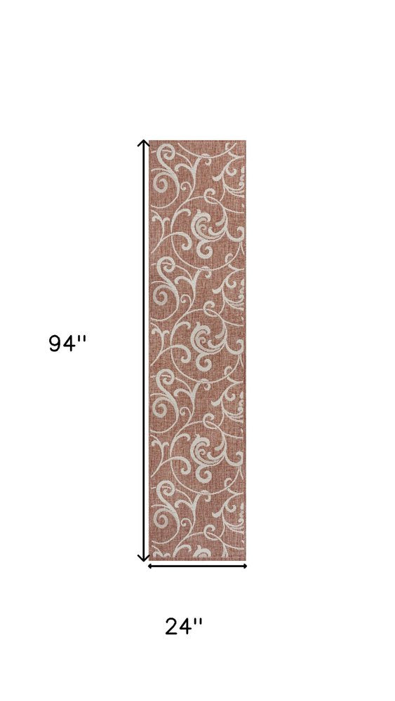 8' Salmon And Cream Floral Indoor Outdoor Runner Rug HomeRoots