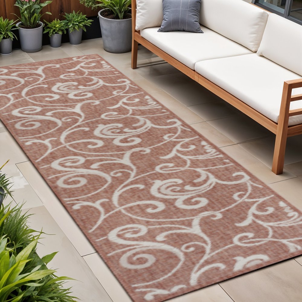 8' Salmon And Cream Floral Indoor Outdoor Runner Rug — view 5