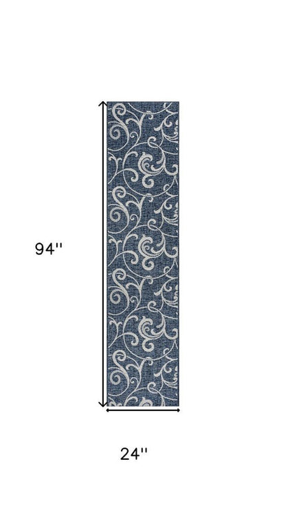 8' Navy Blue And Cream Floral Indoor Outdoor Runner Rug HomeRoots