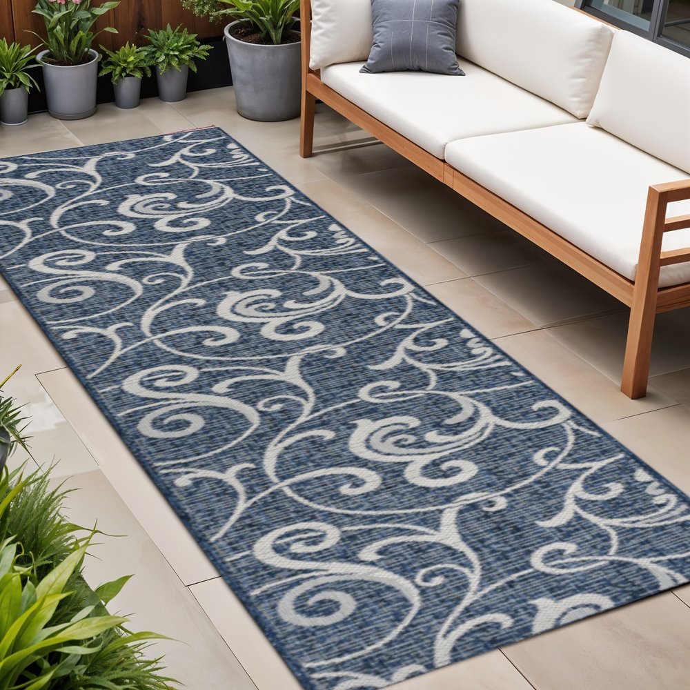 8' Navy Blue And Cream Floral Indoor Outdoor Runner Rug HomeRoots