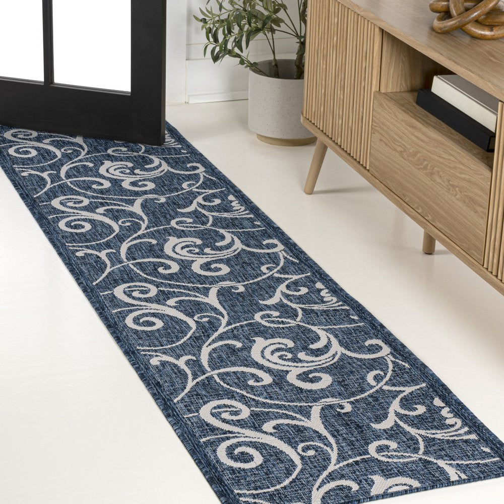 8' Navy Blue And Cream Floral Indoor Outdoor Runner Rug HomeRoots