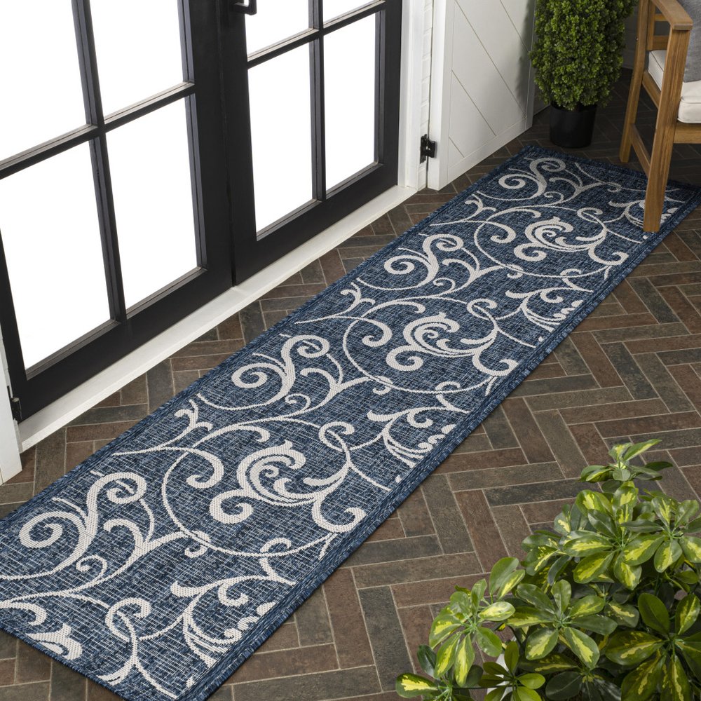 8' Navy Blue And Cream Floral Indoor Outdoor Runner Rug — view 5