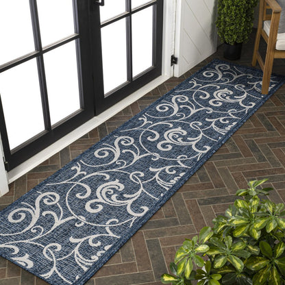 8' Navy Blue And Cream Floral Indoor Outdoor Runner Rug HomeRoots