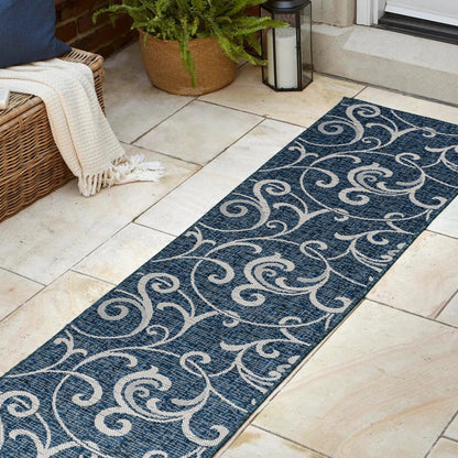 8' Navy Blue And Cream Floral Indoor Outdoor Runner Rug HomeRoots
