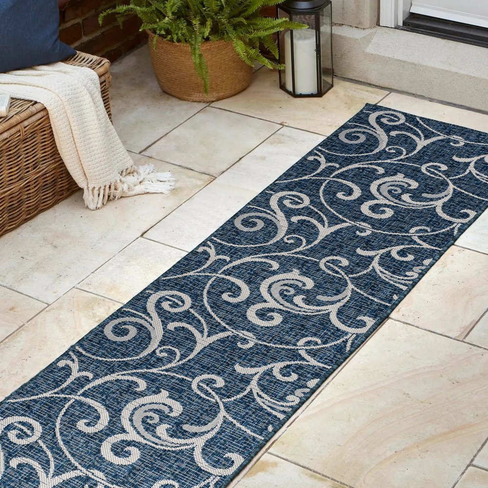 8' Navy Blue And Cream Floral Indoor Outdoor Runner Rug HomeRoots