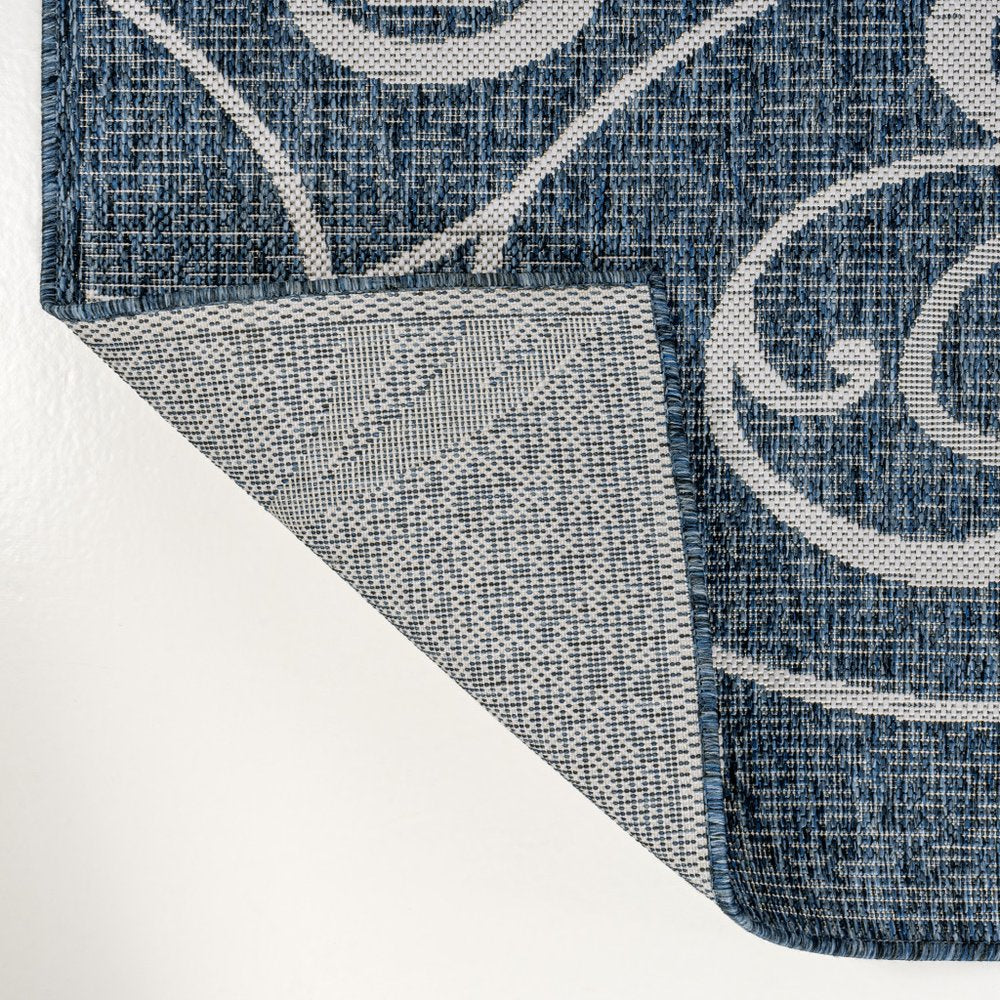 8' Navy Blue And Cream Floral Indoor Outdoor Runner Rug HomeRoots