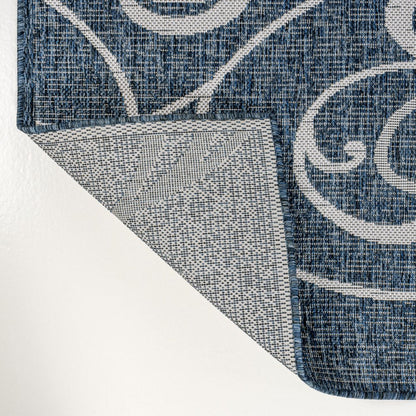 8' Navy Blue And Cream Floral Indoor Outdoor Runner Rug HomeRoots