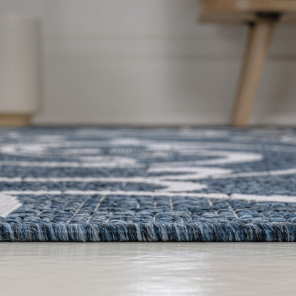 8' Navy Blue And Cream Floral Indoor Outdoor Runner Rug HomeRoots