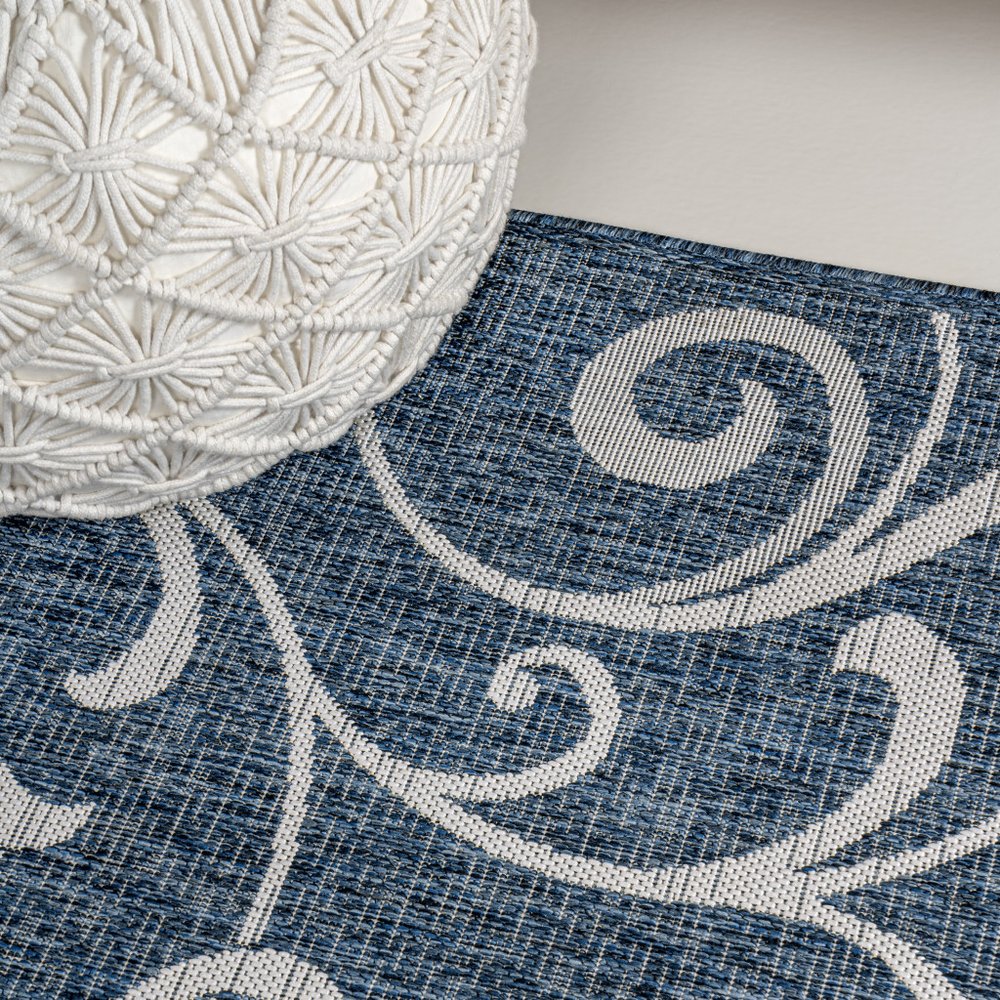 8' Navy Blue And Cream Floral Indoor Outdoor Runner Rug — view 11