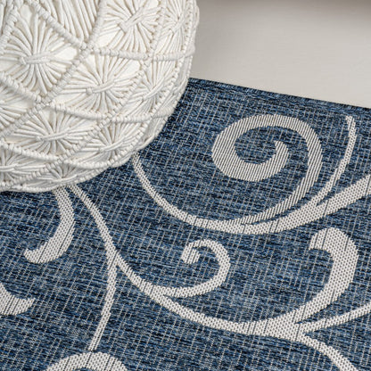 8' Navy Blue And Cream Floral Indoor Outdoor Runner Rug HomeRoots
