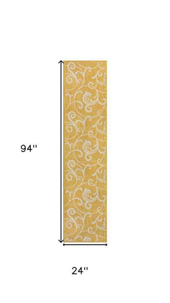 8' Yellow And Cream Floral Indoor Outdoor Runner Rug — view 8