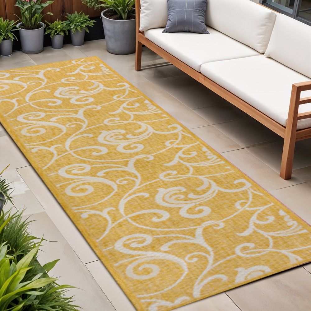 8' Yellow And Cream Floral Indoor Outdoor Runner Rug — view 9
