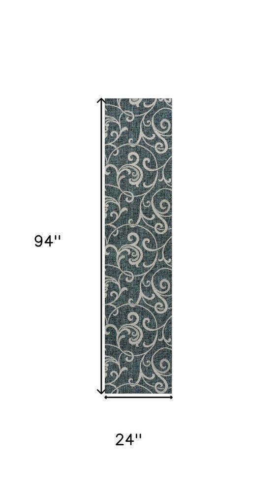 8' Turquoise And Cream Floral Indoor Outdoor Runner Rug HomeRoots