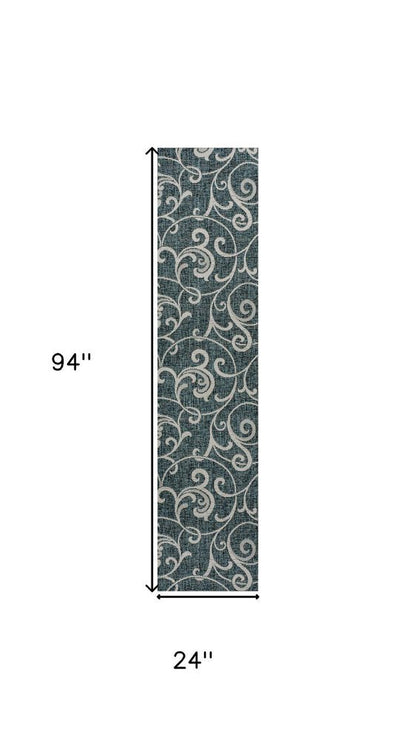 8' Turquoise And Cream Floral Indoor Outdoor Runner Rug HomeRoots