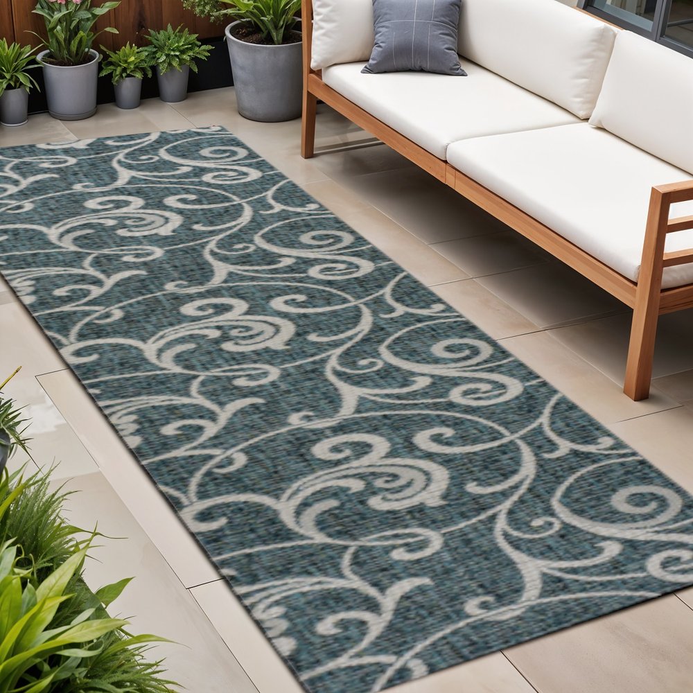 8' Turquoise And Cream Floral Indoor Outdoor Runner Rug HomeRoots