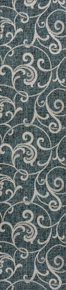 8' Turquoise And Cream Floral Indoor Outdoor Runner Rug — view 1