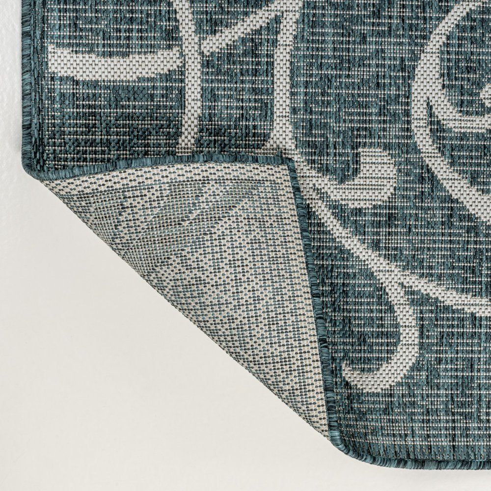 8' Turquoise And Cream Floral Indoor Outdoor Runner Rug — view 2