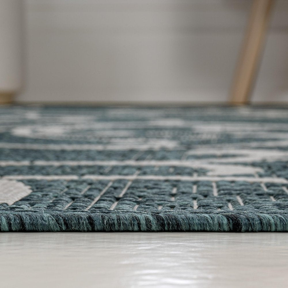 8' Turquoise And Cream Floral Indoor Outdoor Runner Rug — view 3