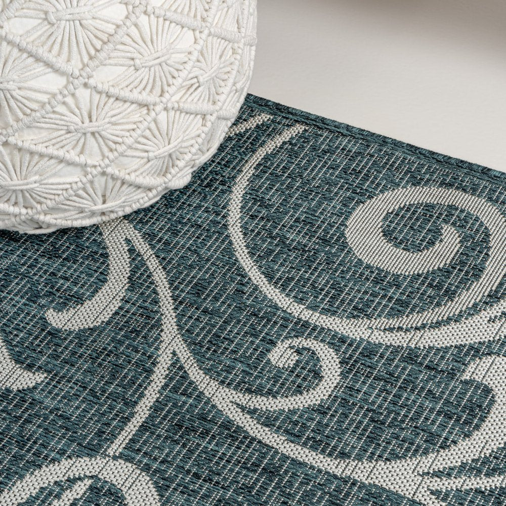 8' Turquoise And Cream Floral Indoor Outdoor Runner Rug HomeRoots