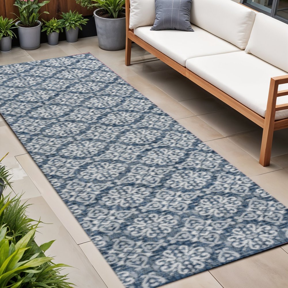 8' Navy Blue And Cream Floral Indoor Outdoor Runner Rug — view 5