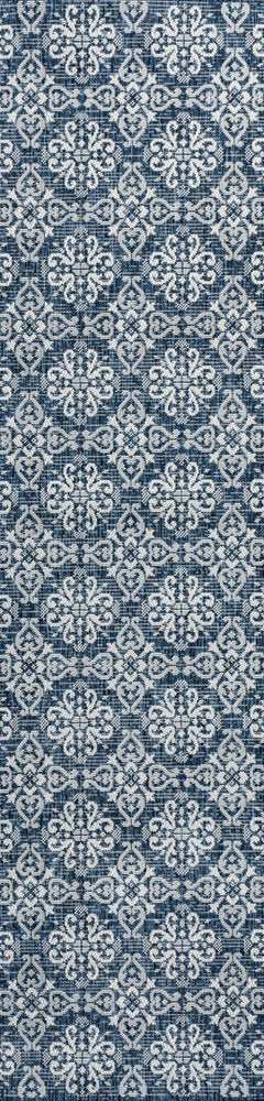 8' Navy Blue And Cream Floral Indoor Outdoor Runner Rug HomeRoots