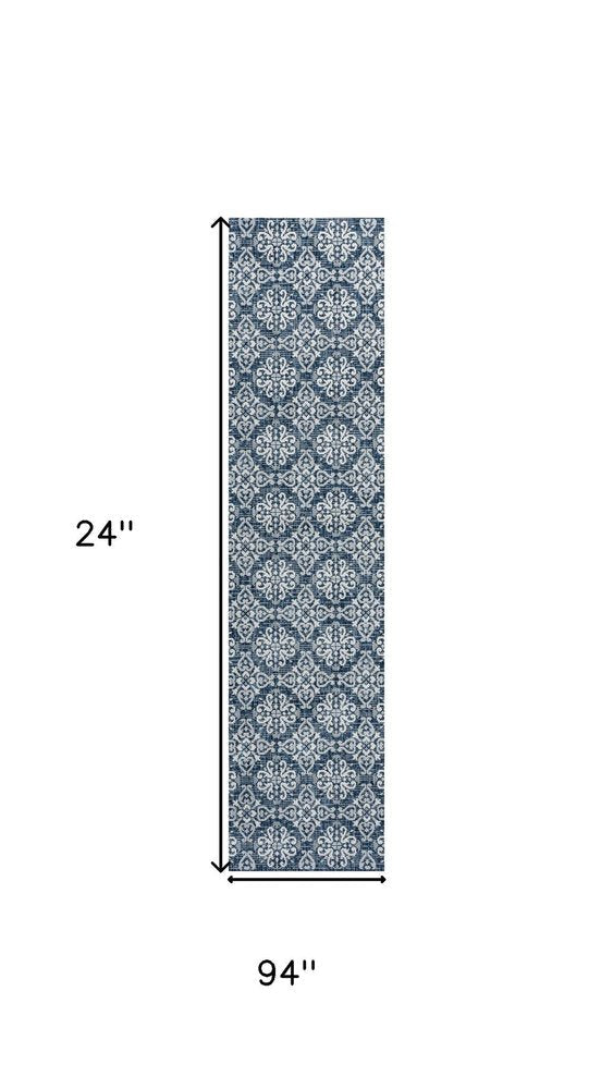 8' Navy Blue And Cream Floral Indoor Outdoor Runner Rug HomeRoots