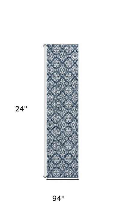8' Navy Blue And Cream Floral Indoor Outdoor Runner Rug HomeRoots