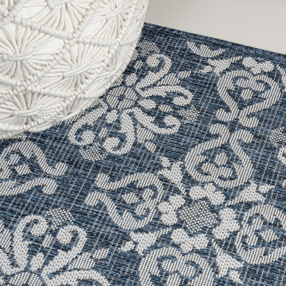 8' Navy Blue And Cream Floral Indoor Outdoor Runner Rug HomeRoots