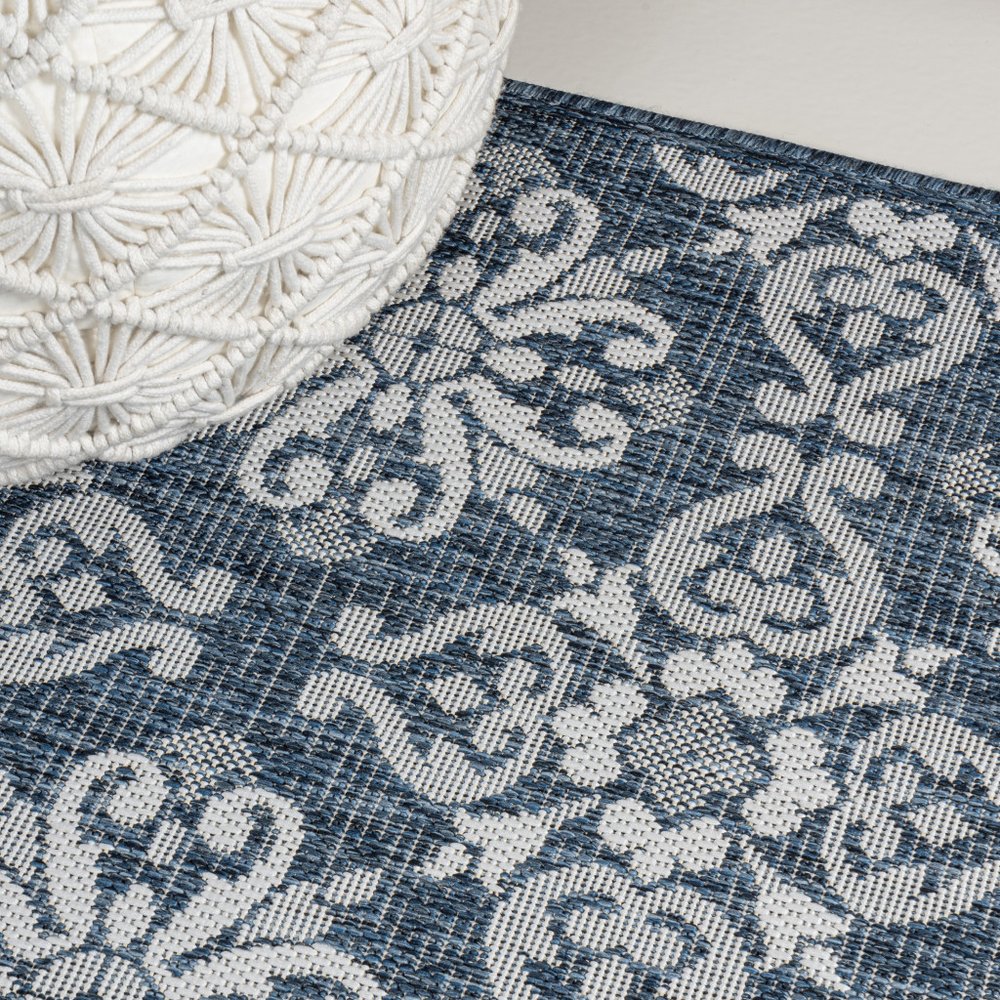 8' Navy Blue And Cream Floral Indoor Outdoor Runner Rug — view 2