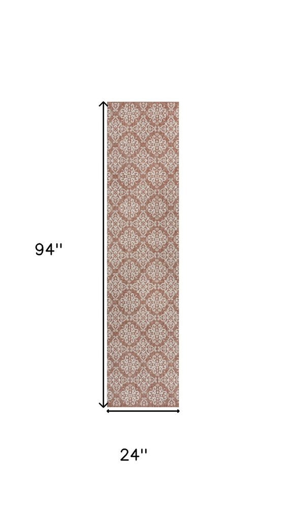 8' Salmon And Cream Floral Indoor Outdoor Runner Rug HomeRoots