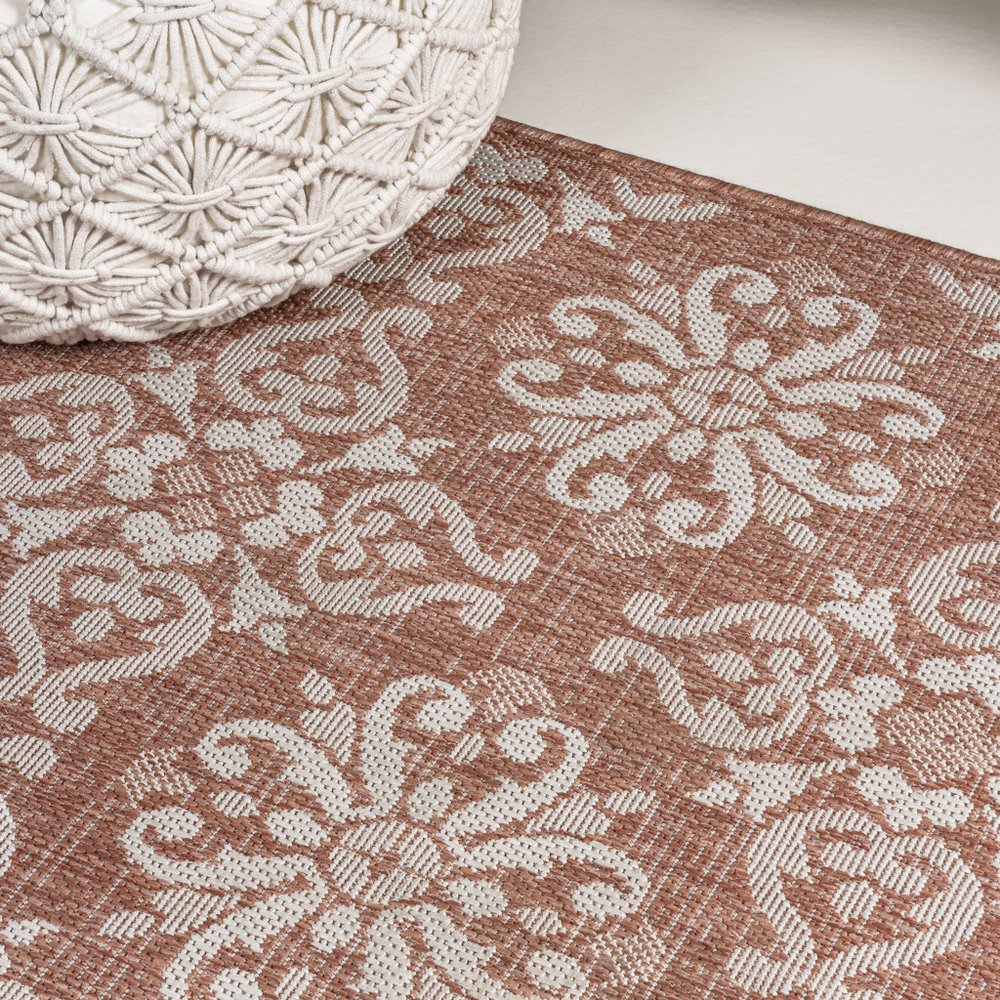 8' Salmon And Cream Floral Indoor Outdoor Runner Rug — view 3