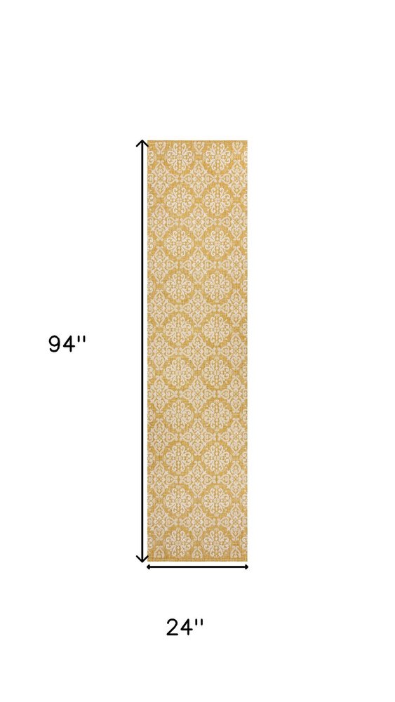 8' Yellow And Cream Floral Indoor Outdoor Runner Rug HomeRoots