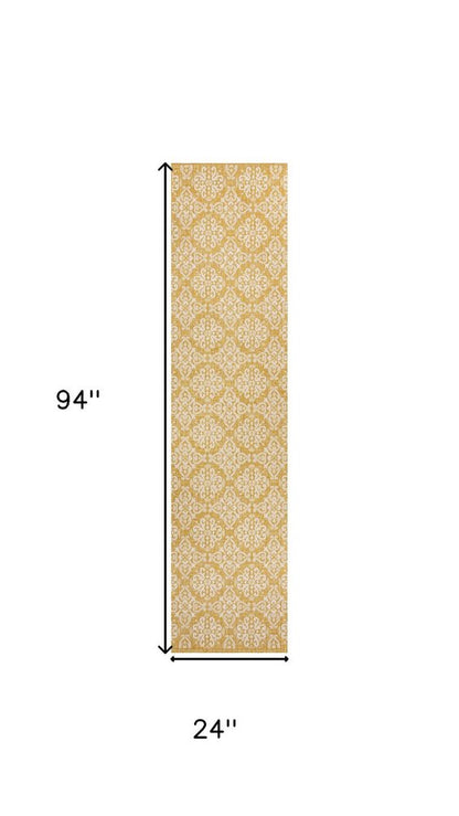 8' Yellow And Cream Floral Indoor Outdoor Runner Rug