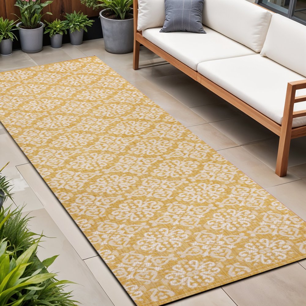 8' Yellow And Cream Floral Indoor Outdoor Runner Rug — view 7