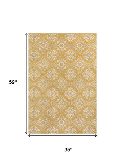3' X 5' Yellow And Cream Floral Indoor Outdoor Area Rug HomeRoots