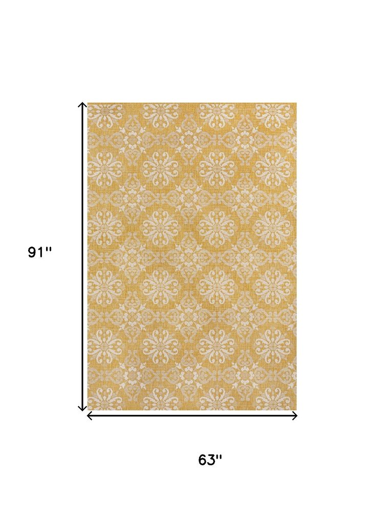 5' X 8' Yellow And Cream Floral Indoor Outdoor Area Rug — view 2