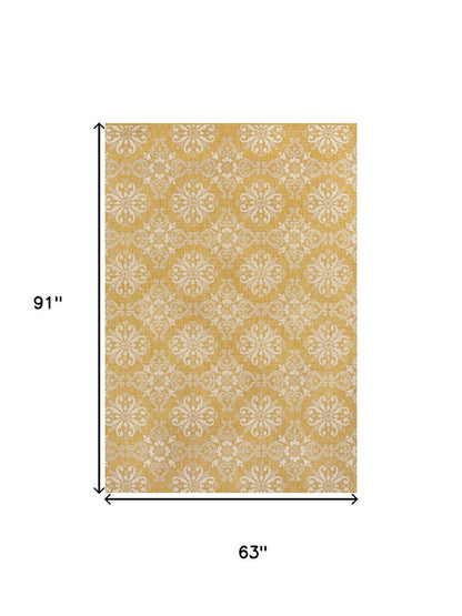 5' X 8' Yellow And Cream Floral Indoor Outdoor Area Rug HomeRoots