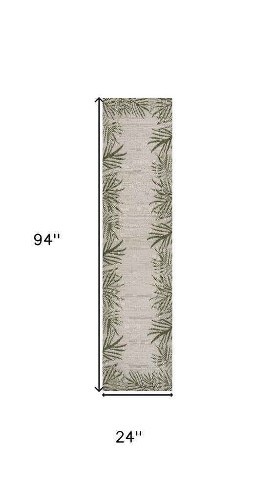 8' Green And Cream Floral Indoor Outdoor Runner Rug HomeRoots
