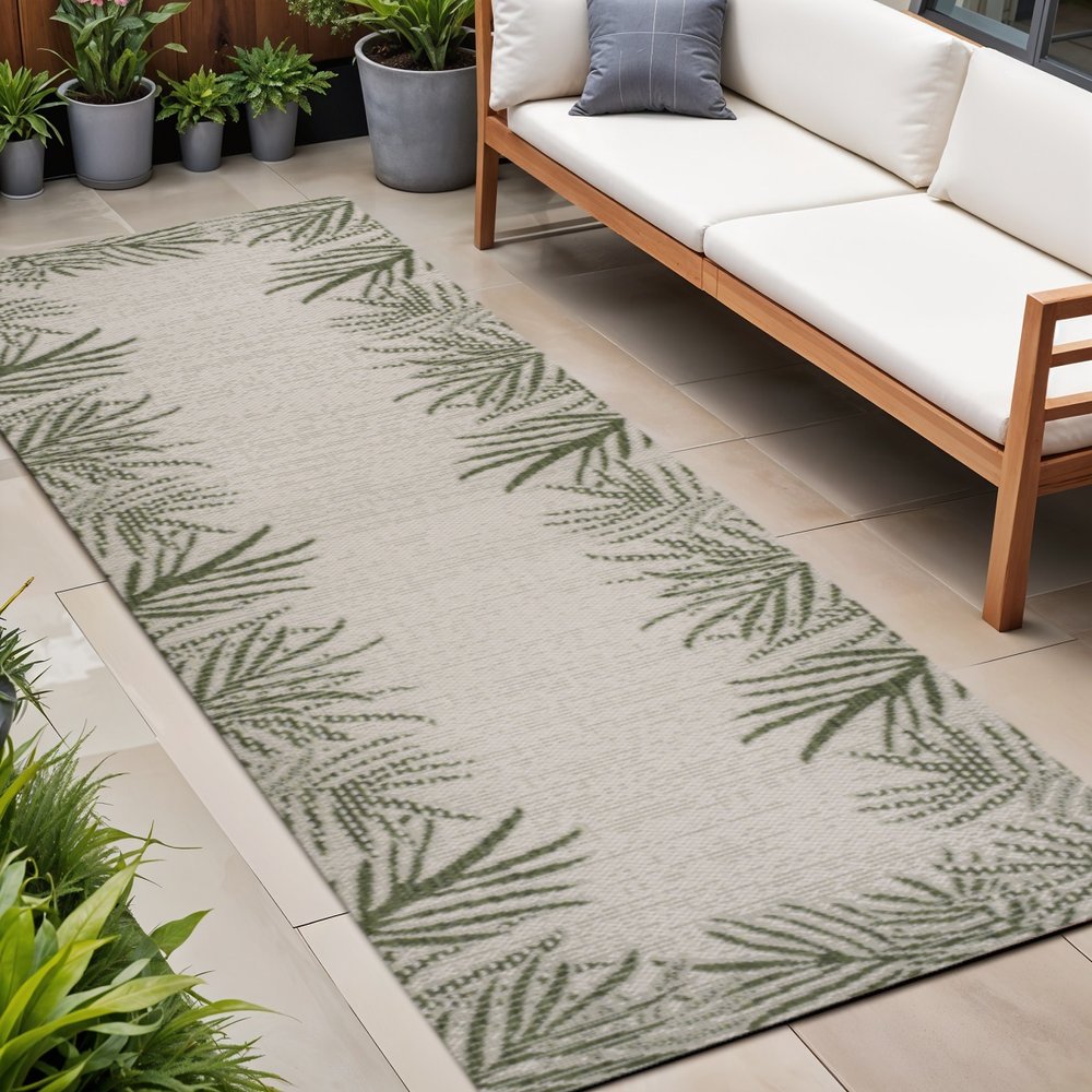 8' Green And Cream Floral Indoor Outdoor Runner Rug HomeRoots