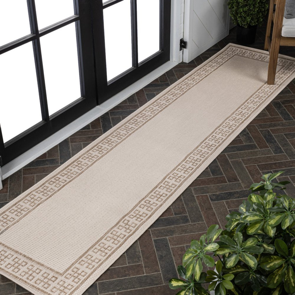8' Cream And Beige Indoor Outdoor Runner Rug