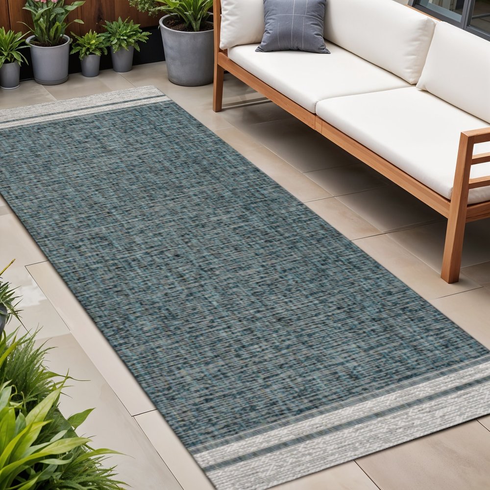 8' Turquoise And Cream Indoor Outdoor Runner Rug HomeRoots