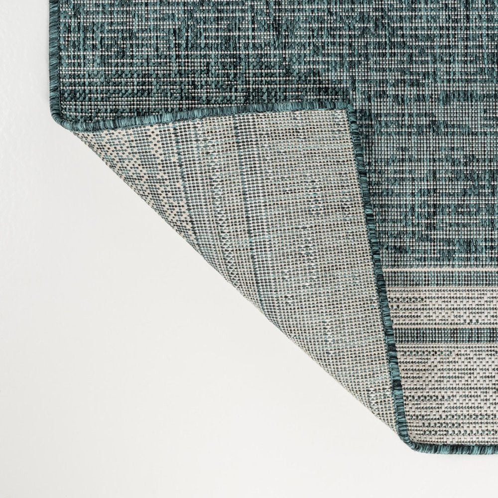 8' Turquoise And Cream Indoor Outdoor Runner Rug HomeRoots