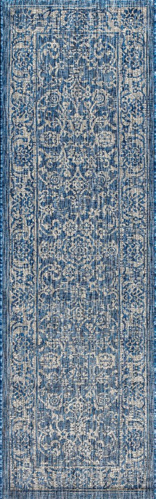 8' Navy Blue And Gray Medallion Indoor Outdoor Runner Rug HomeRoots