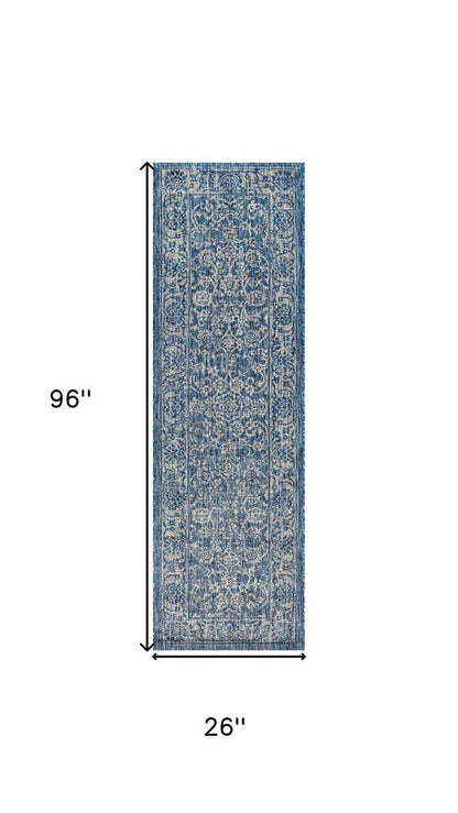 8' Navy Blue And Gray Medallion Indoor Outdoor Runner Rug HomeRoots