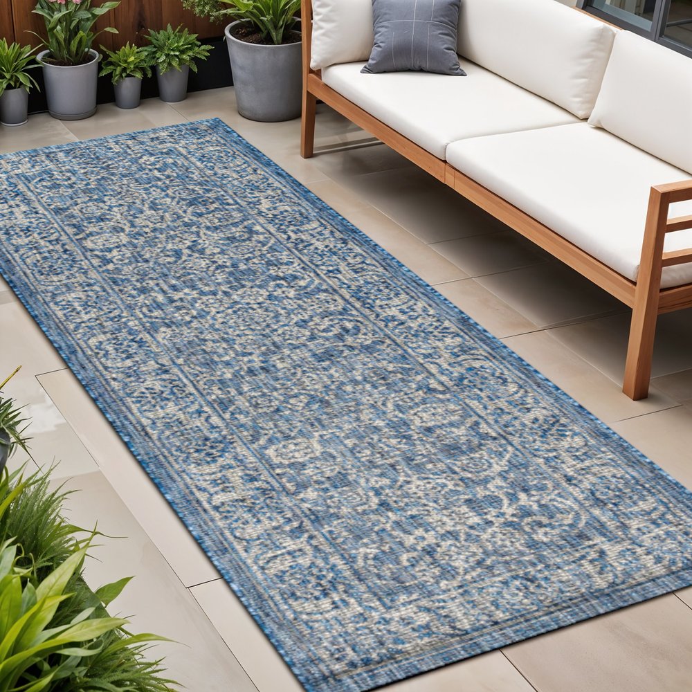 8' Navy Blue And Gray Medallion Indoor Outdoor Runner Rug HomeRoots